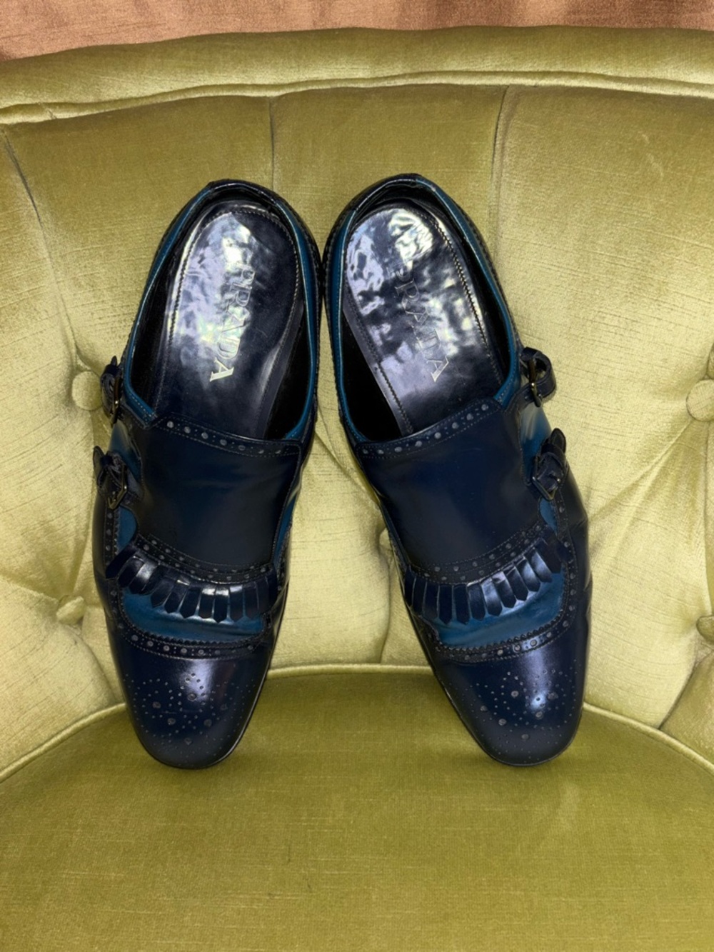 Prada Men's two tone navy blue shiny Leather Dress Monk Shoes w/ Tassel size 7 - Picture 2 of 10